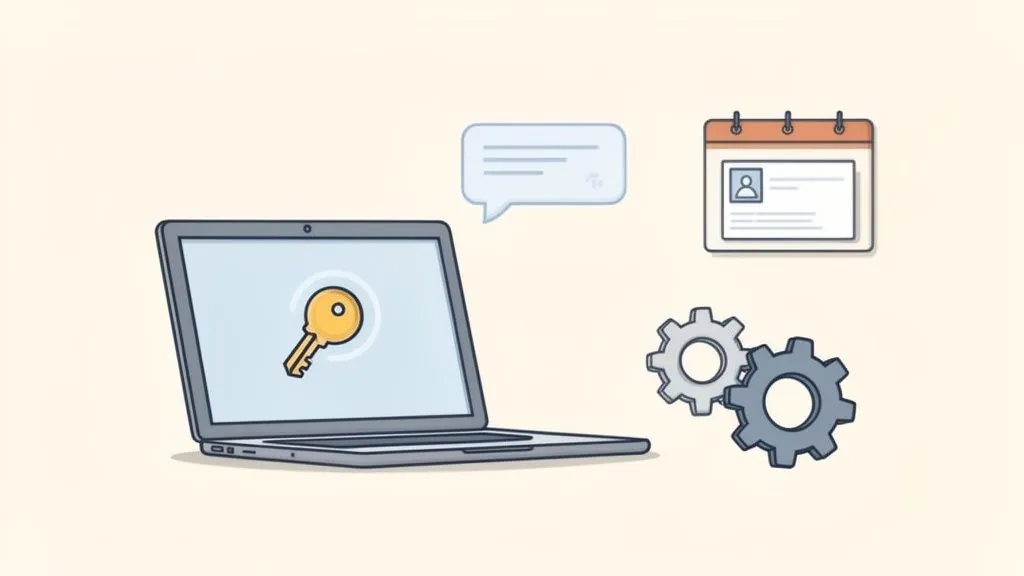 A laptop with a golden key on screen, a chat bubble, a calendar, and two gears.