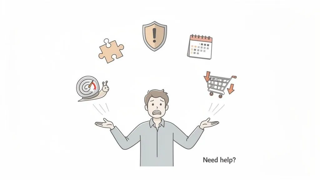 A man overwhelmed by website problems: slow speed, security, complexity, sales, and scheduling, asking 'Need help?'.