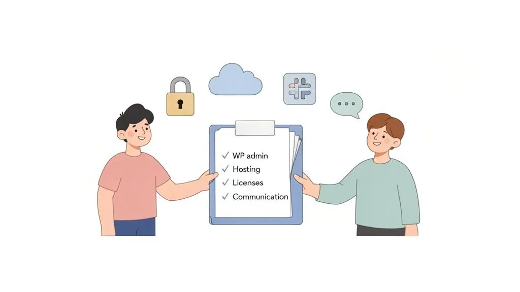 Two people reviewing a checklist for WordPress administration, hosting, licenses, and communication.