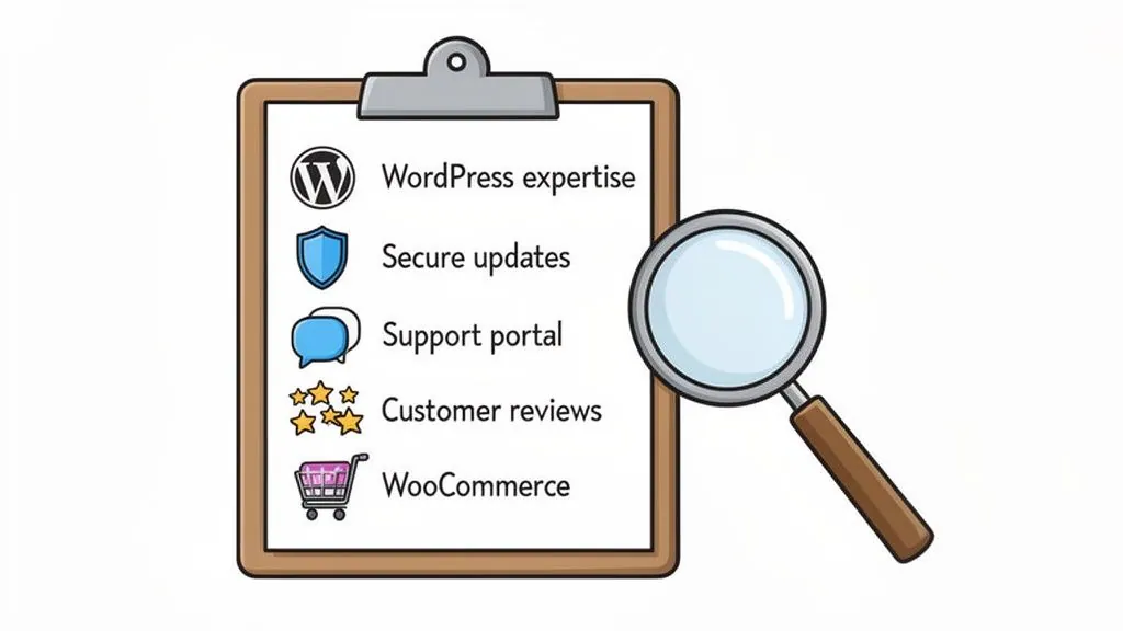 A checklist on a clipboard with a magnifying glass, highlighting WordPress expertise, secure updates, support portal, customer reviews, and WooCommerce.