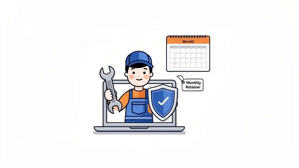 A cartoon technician with a wrench and shield emerges from a laptop, symbolizing monthly online maintenance and security services.