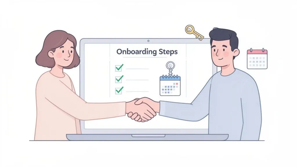 Two people shaking hands over a laptop displaying 'Onboarding Steps' with checklists, symbolizing a new hire welcome.