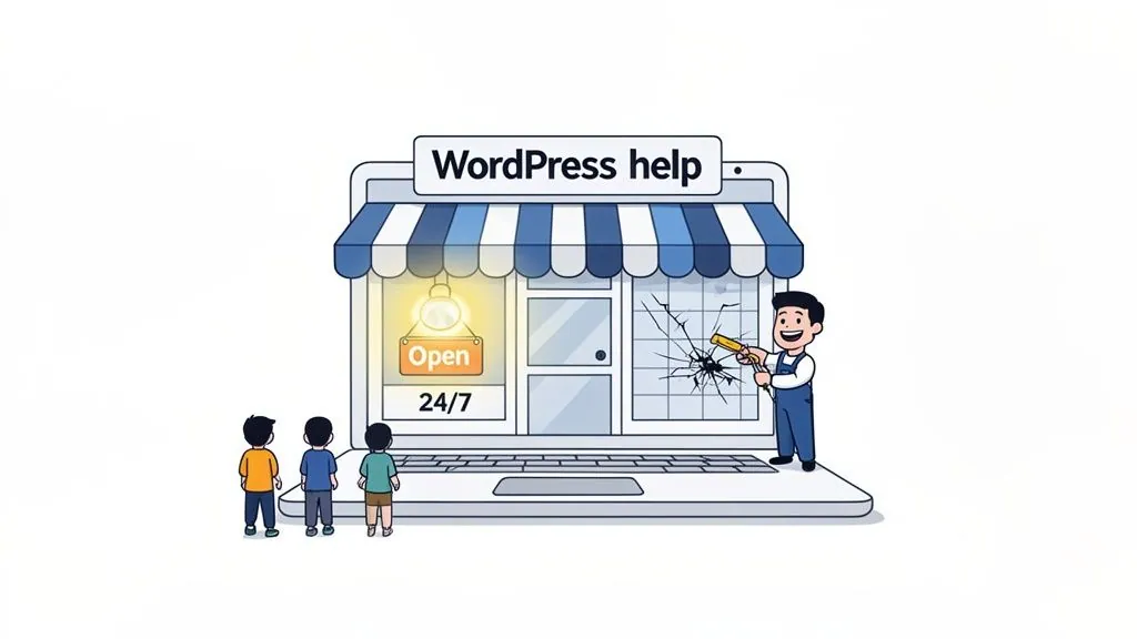 A cartoon of a laptop storefront offering 'WordPress help,' with a technician repairing a cracked window while customers watch.