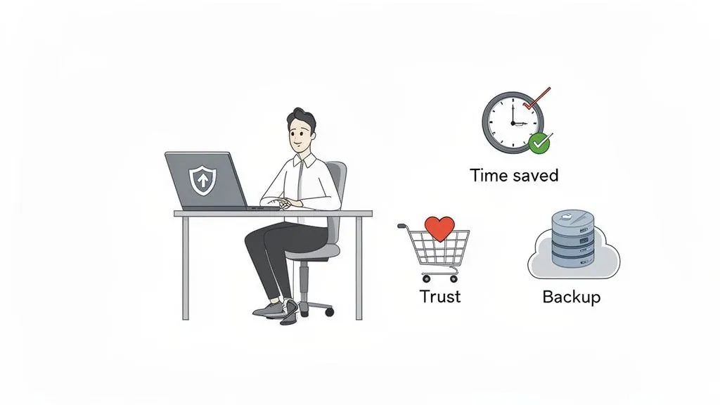 A person working on a laptop with security features, alongside icons for time saved, trust, and backup.