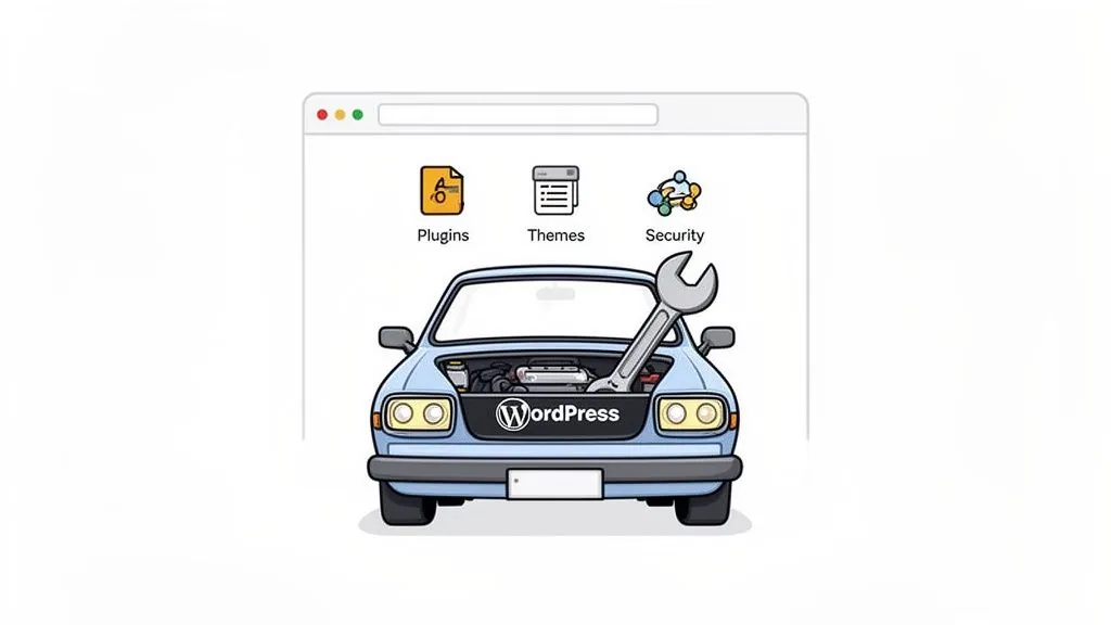 WordPress car with an open hood and a wrench, alongside icons for plugins, themes, and security.