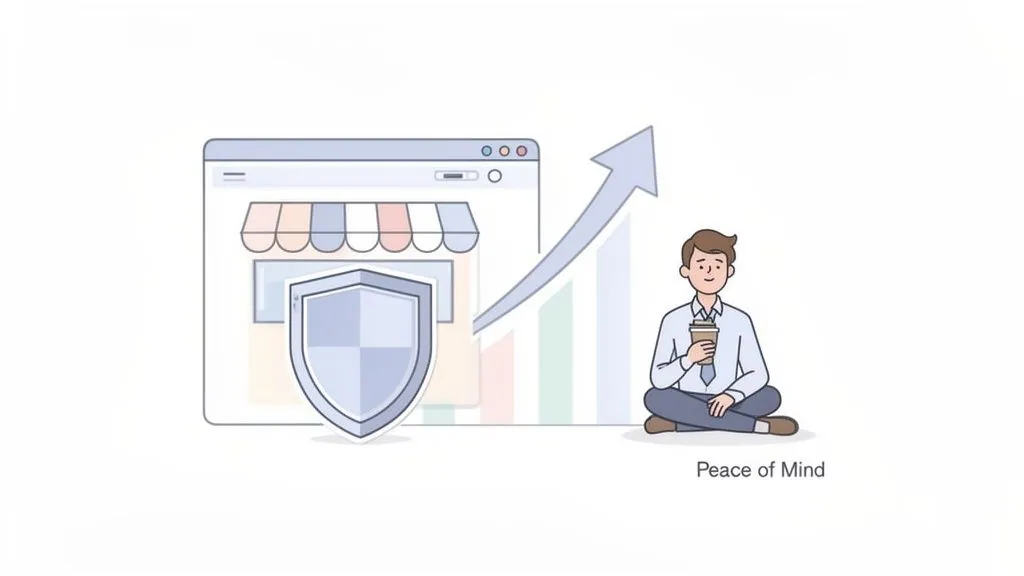 Illustration of a secure online store, growing steadily, providing peace of mind to its owner.
