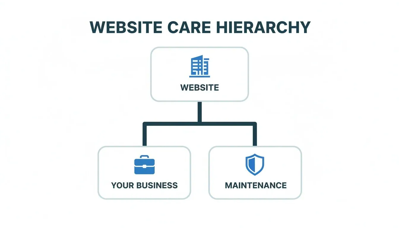 A website care hierarchy diagram showing 'Website' at the top, branching into 'Your Business' and 'Maintenance'.