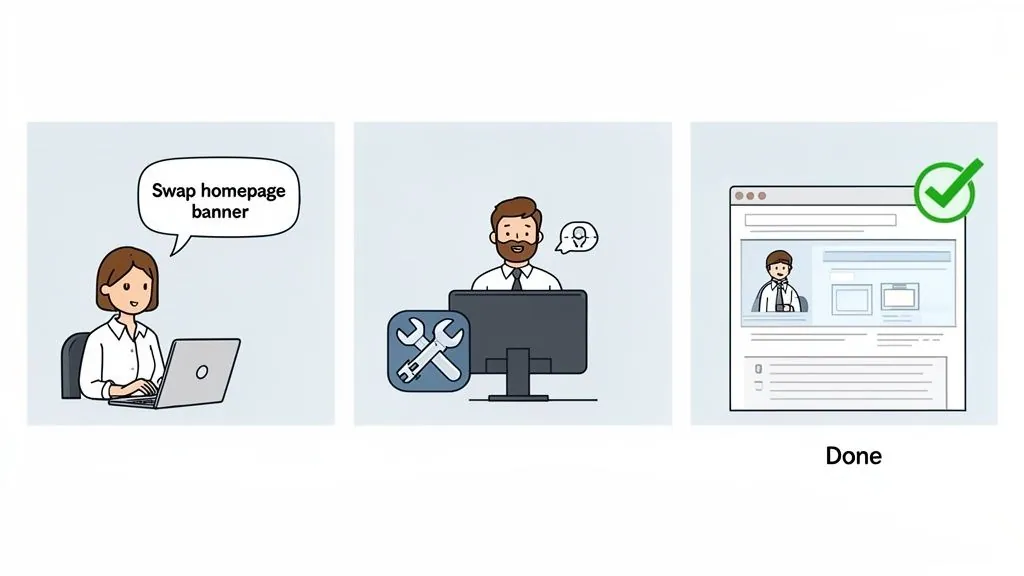 An illustration showing a user requesting a website change, a technician providing support, and the task completion.