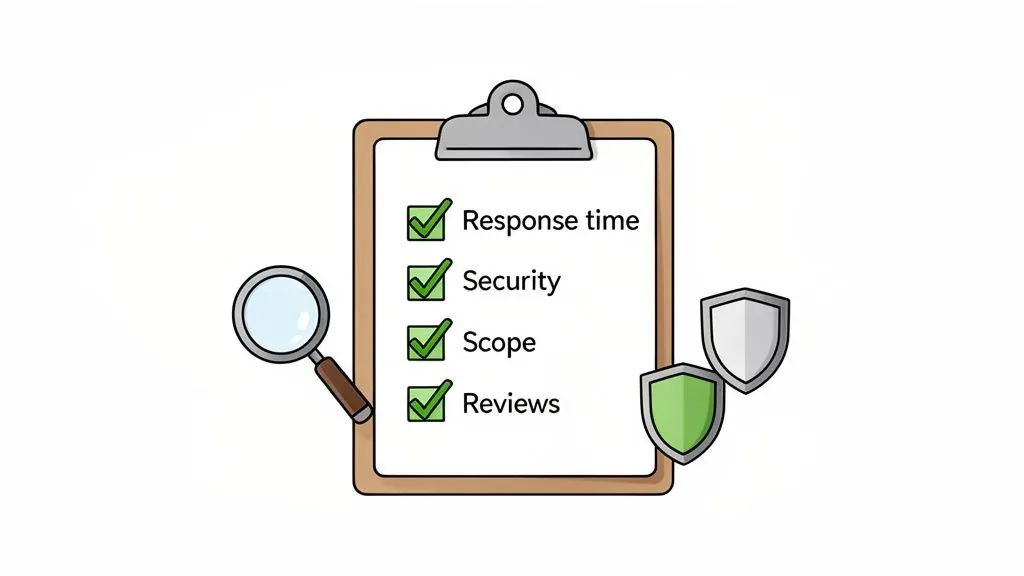 Illustrated checklist showing 'Response time', 'Security', 'Scope', and 'Reviews' completed, with a magnifying glass and shields.