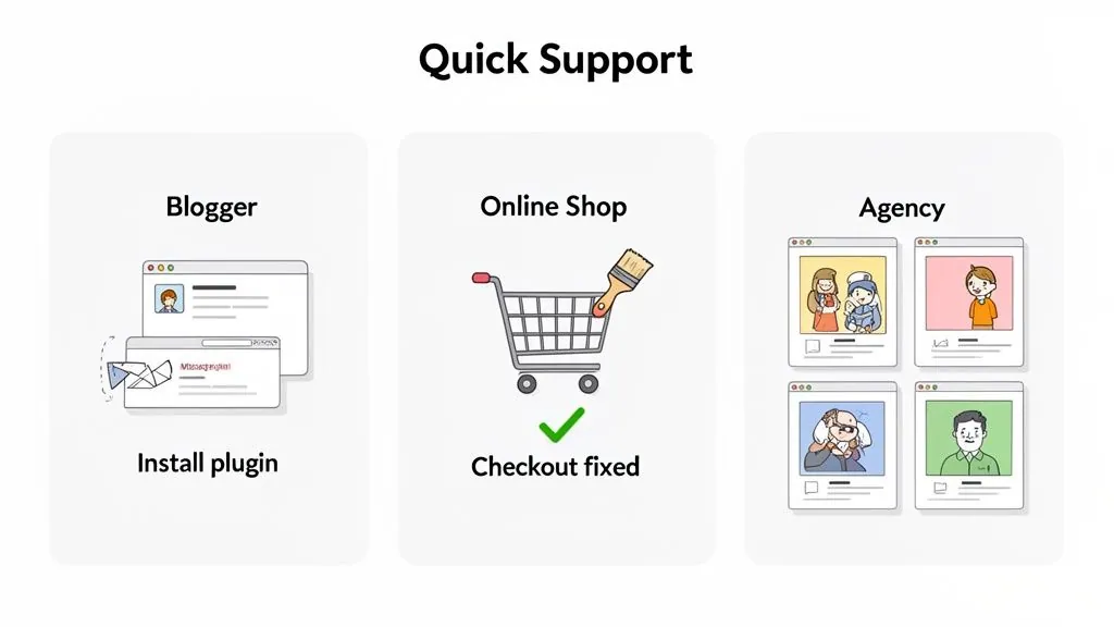 Illustrations depicting quick support services for bloggers (plugin install), online shops (checkout fix), and agencies (portfolio management).
