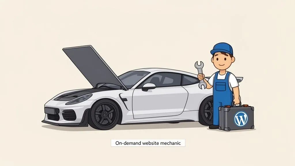Cartoon mechanic with wrench and WordPress toolbox standing by a white car with open hood, symbolizing website repair.