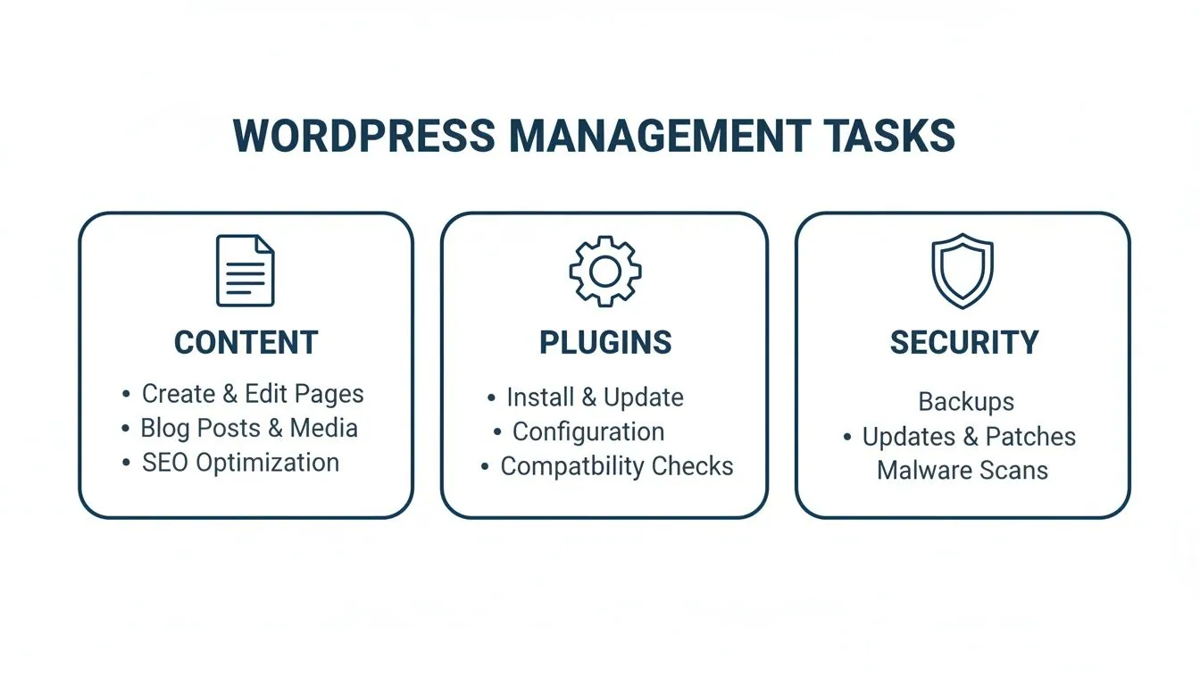 An infographic detailing essential WordPress management tasks, including content, plugins, and security maintenance.