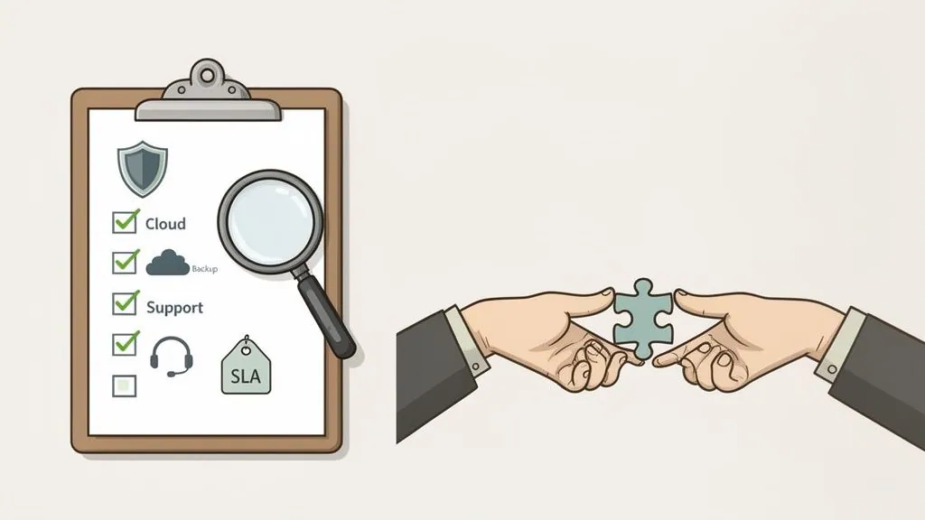 Two hands solving a puzzle next to a checklist with services like cloud, backup, support, and SLA.