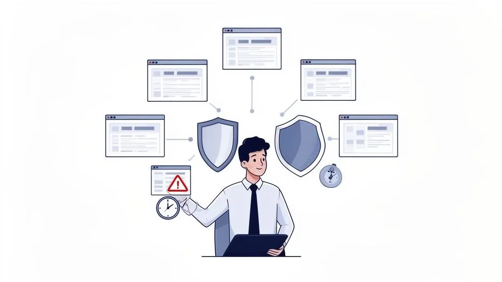 IT professional overseeing multiple web pages, emphasizing security, warnings, and time management.