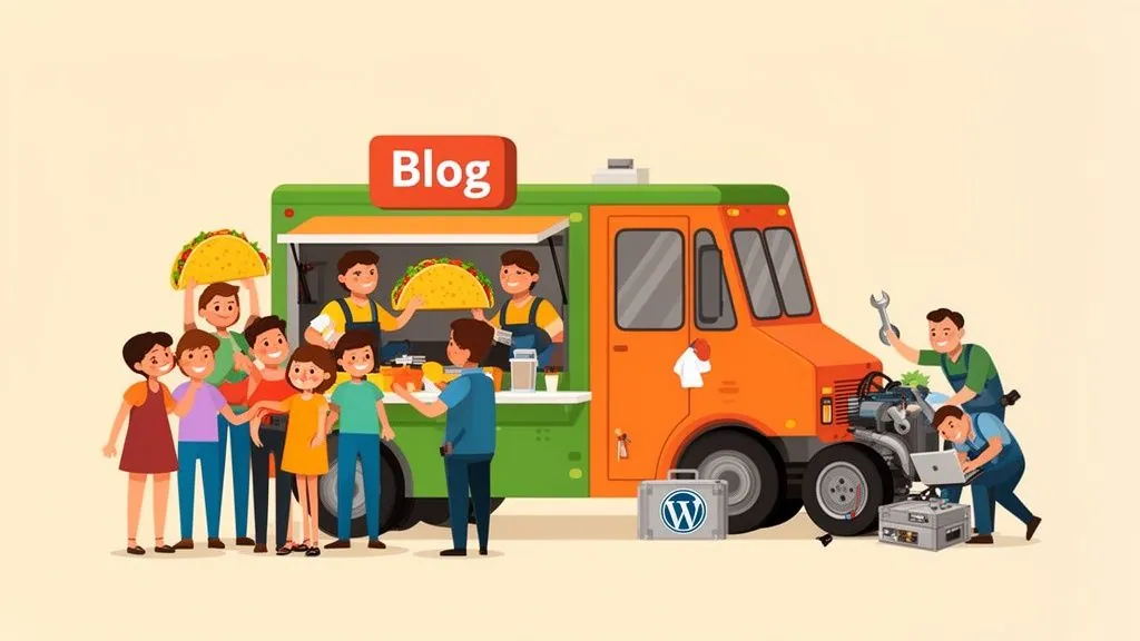 An illustration of a 'Blog' food truck serving tacos to people, with mechanics providing WordPress support and maintenance.