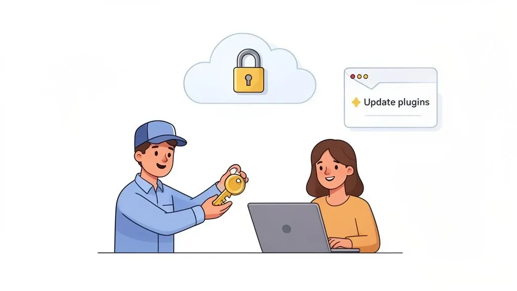 A support person helps a blogger with a key for secured cloud data and plugin updates.