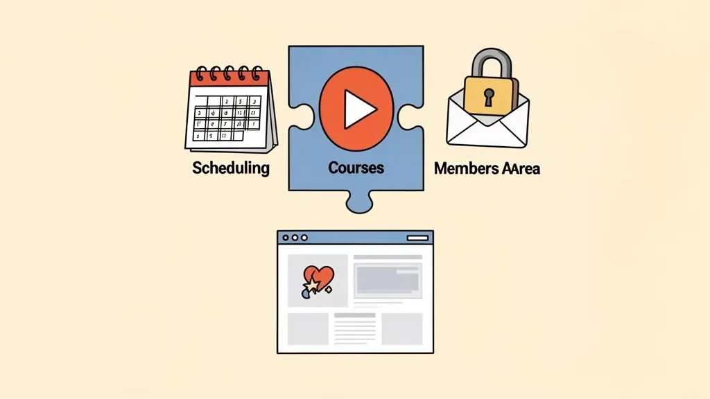 Illustration showing website features like scheduling, online courses, members area, and a web page.