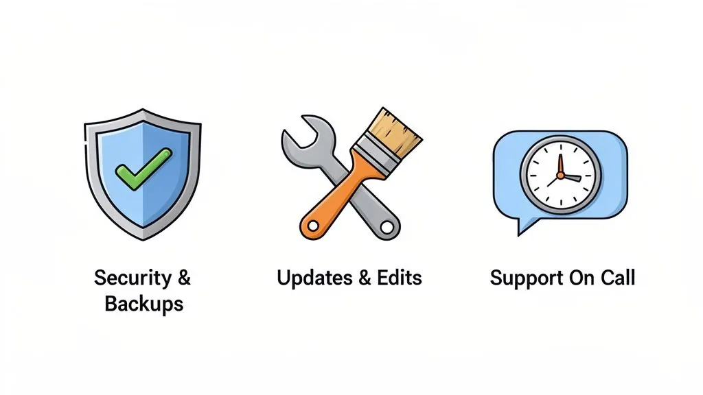 Three icons representing website services: security and backups, updates and edits, and on-call support.