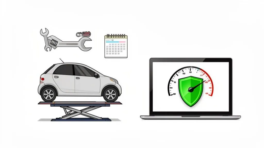 An illustration showing car service, tools, maintenance schedule, and a laptop with a security shield.