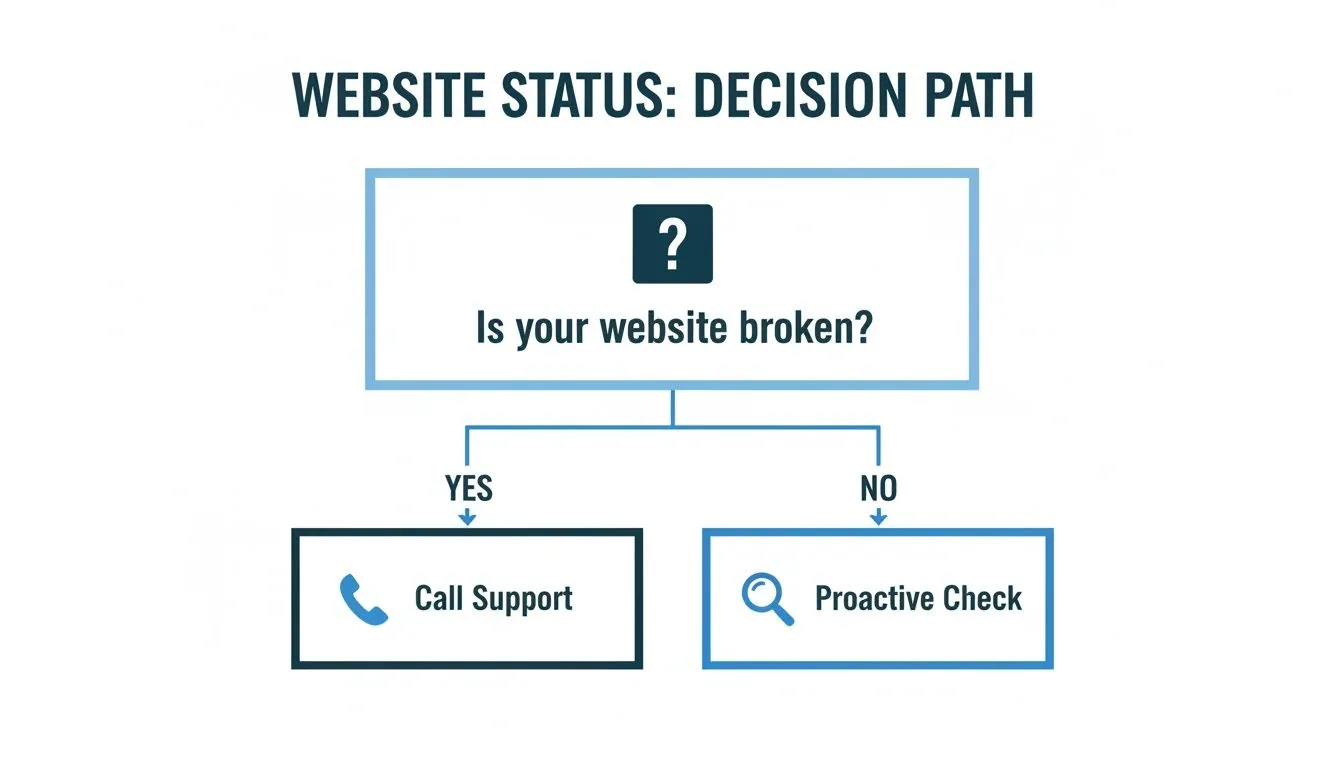 A flowchart detailing a website status decision path: if broken, call support; if not, do a proactive check.