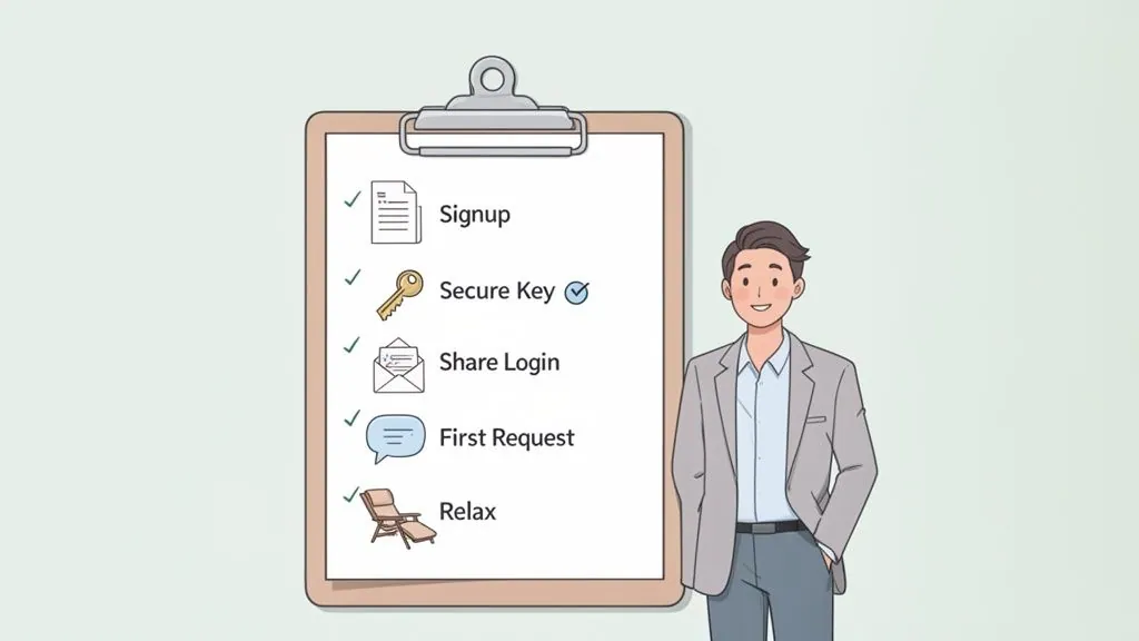 A man smiles confidently next to a clipboard showing a completed checklist for a secure and relaxed process.