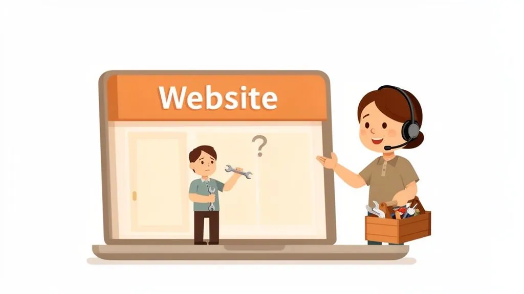 Cartoon image of a support agent helping a confused man with website maintenance on a laptop.