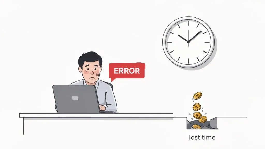 Stressed man at laptop encountering an error, losing money due to lost time.
