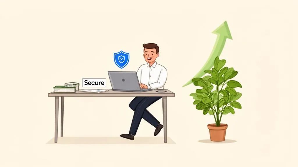 Smiling man at desk with laptop, security shield, "Secure" label, and growing plant with upward arrow.